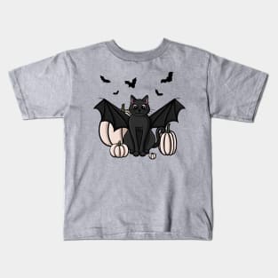 Cute Black Cat in a Bat Costume With White Pumpkins Kids T-Shirt